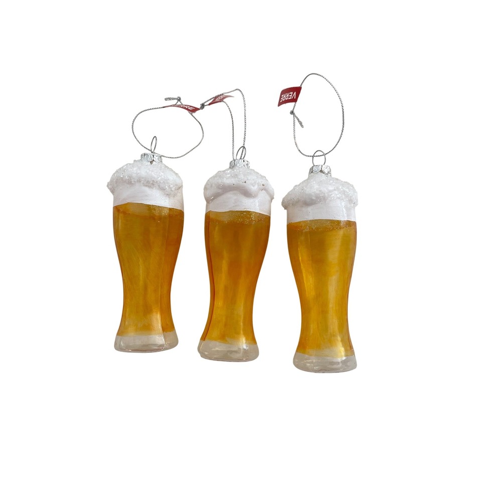 Set of 3 Glass Beer Pilsner Christmas Ornaments 6"‎ Hand Painted Foam Top Pub